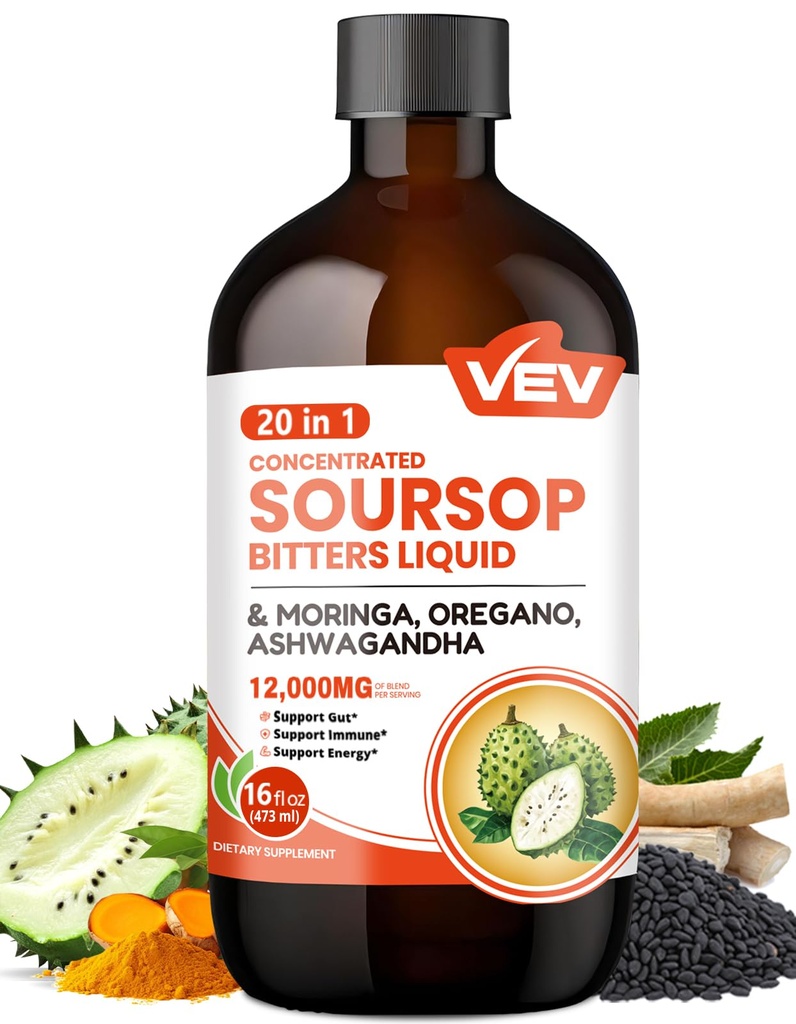 VEV Soursop Bitters Liquid, Graviola Extract Sugar- Free Formel, 20 IN 1, med sort frø, Moringa & Oregano, fordøjelsesmæssig sundhed & immunfunktion, stress Relief, dvalestøtte, Vegan -16 oz