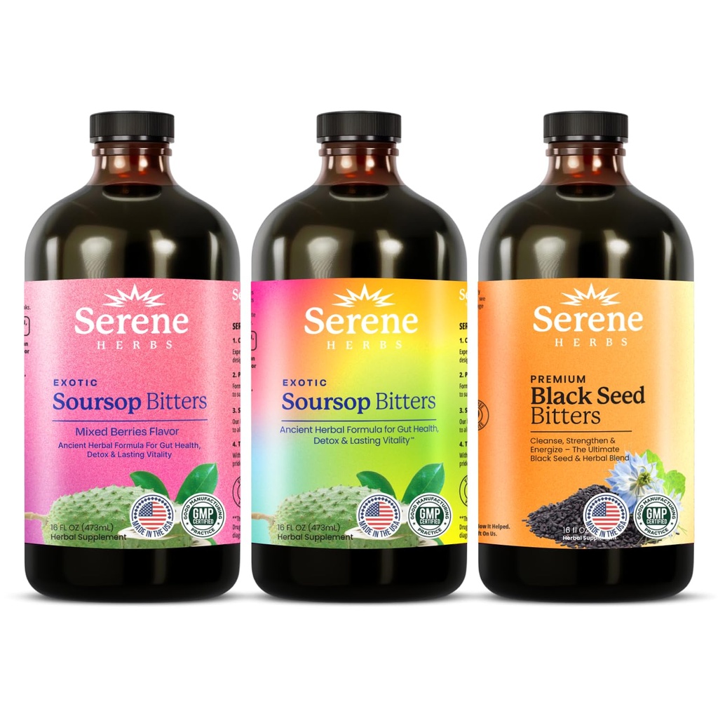 Serene urter Soursop Bitters Flydende, Blandede bær & Black Seed Triple Bundle - Organic Herbal Guanabana til fordøjelsesstøtte & immunsundhed - Vegan, Non- GMO - 48 oz (16 oz Hver), 3 Pack