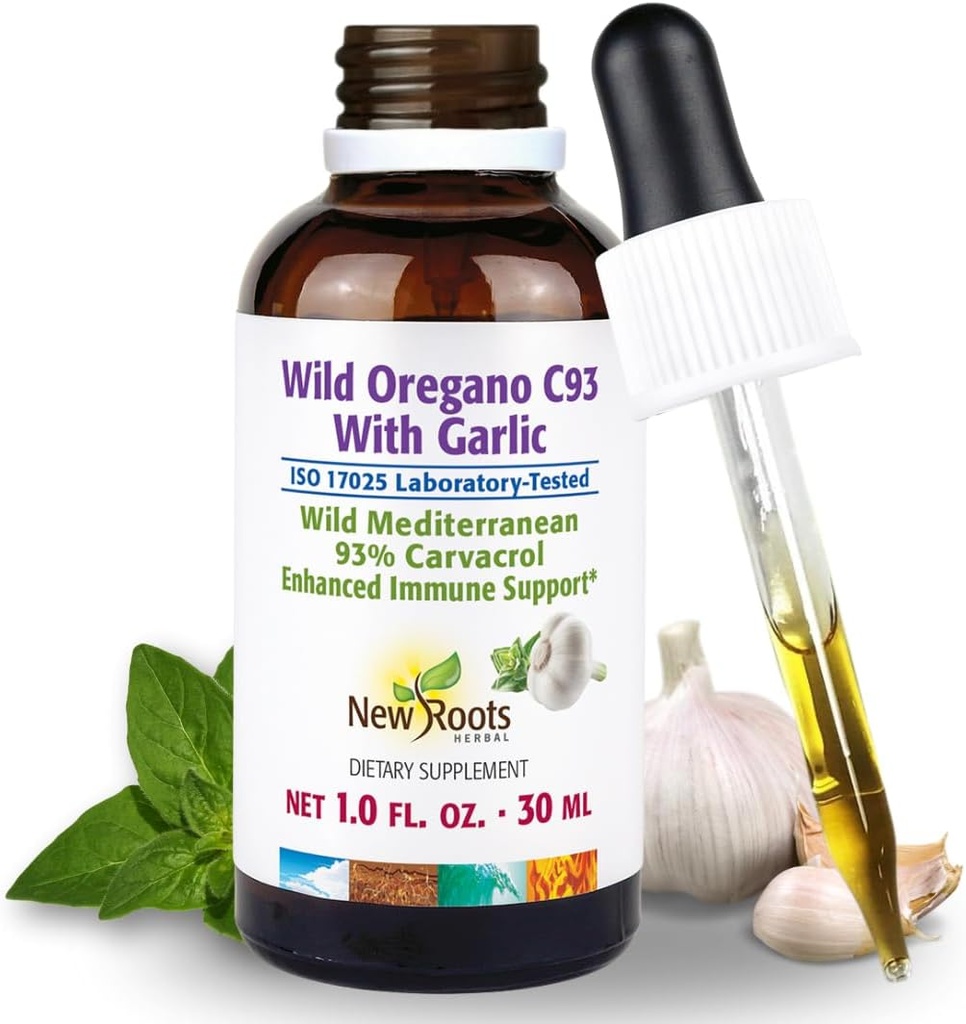 NEW ROOTS HERBAL Wild Oregano Oil Tincture with Garlic (1 fl oz) | 93% Carvacrol Oregano Oil Drops, Enhanced Immune Support Supplement l Non GMO, Vegan, GMP Certified