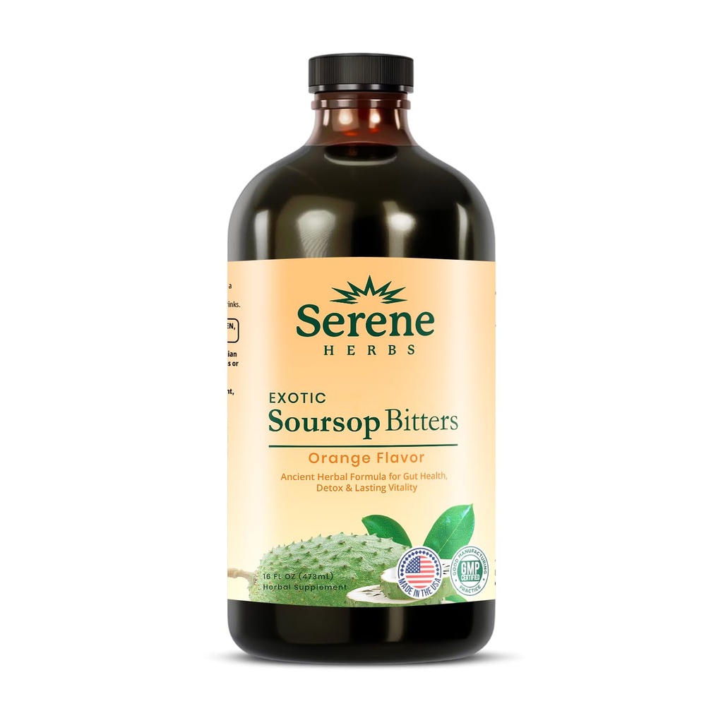 Serene urter Soursop Bitters Liquid - Organic Herbal Sour Guanabana med sort frø, Moringa, Irish Moss & Ginger - Gut Support, Energy & immunboost - Vegan, Non- GMO - Orange Flavor - 16 oz