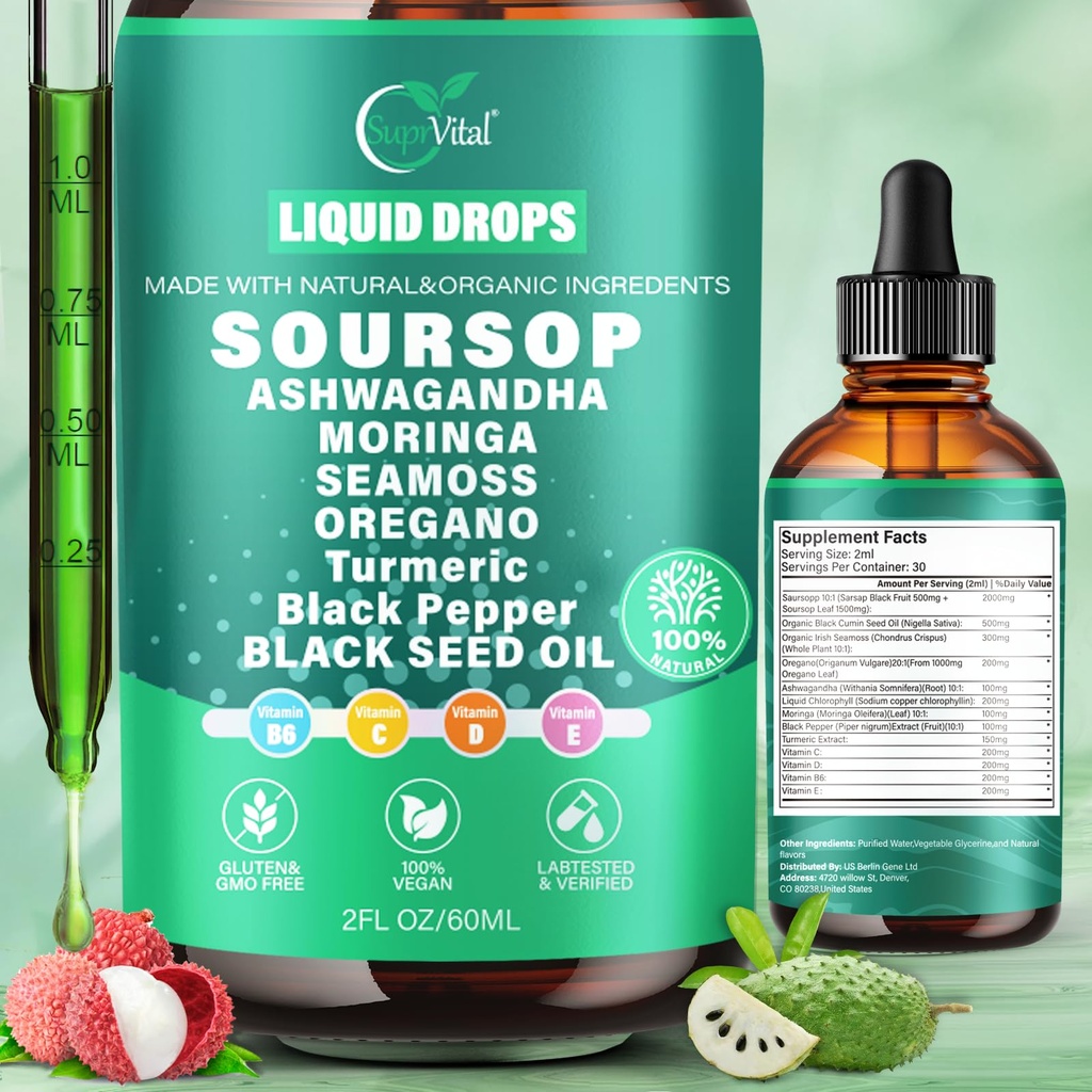 12- in-1 Soursop Bitters Liquid Drops 2000mg, Soursop Drops med Ashwagandha, Black Seed Oil, Moringa, See Moss for Natural Antioxidant, Cell Support & Regeneration, Immunboost, Rich in Vitamin D & C
