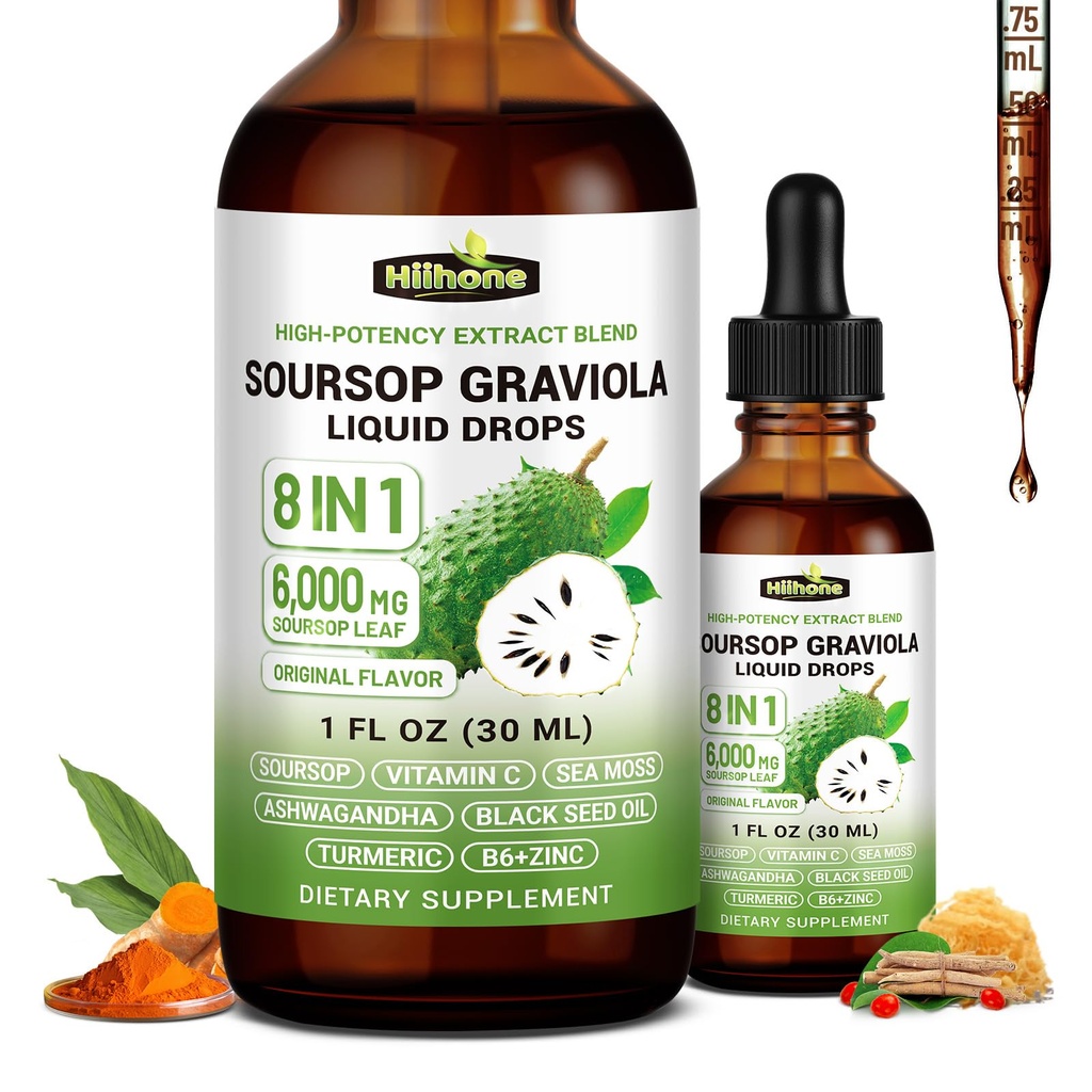 (2 Pack) 8 i 1 Graviola Soursop Leaf Extract Liquid - Soursop Bitters Liquid med Sea Moss, Ashwagandha og gurkemeje, til immunforsvar & lever, Zzz & Antioxidant & Cell Support, 1 Fl Oz