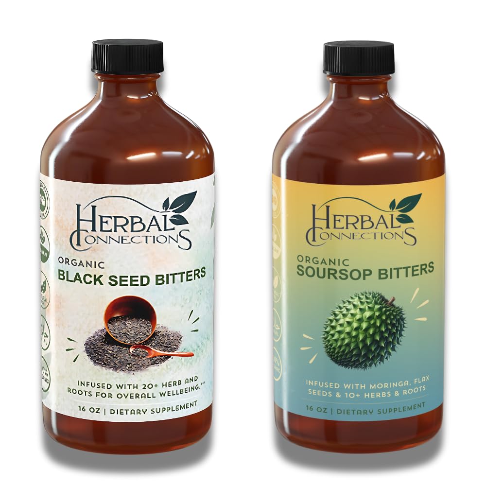 Urteforbindelser Organic Soursop & Black Seed Bitters Bundle - Natural Plant- baserede ingredienser til Gentle Detox & fordøjelsessygdomme To flasker, 32 Ounces (16 Ounces Hver), 64 Serveringer