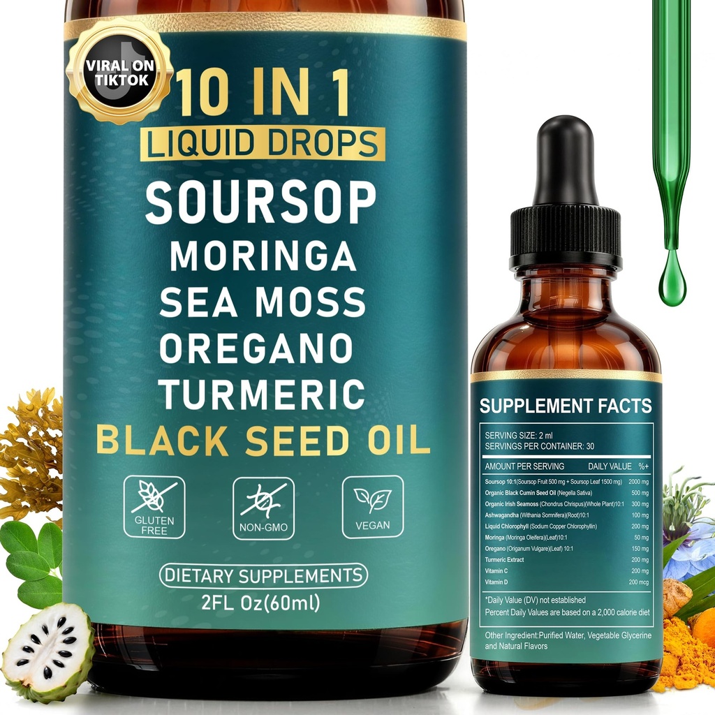 10- in-1 Soursop Bitters Liquid Drops til Gut Cleanse & Immunboost & Detox med Sea Moss, Moringa, Black Seed Oil, Turmerisk, Ashwagandha, VC, VD - 2 Fl Oz - Non-GMO, Vegan