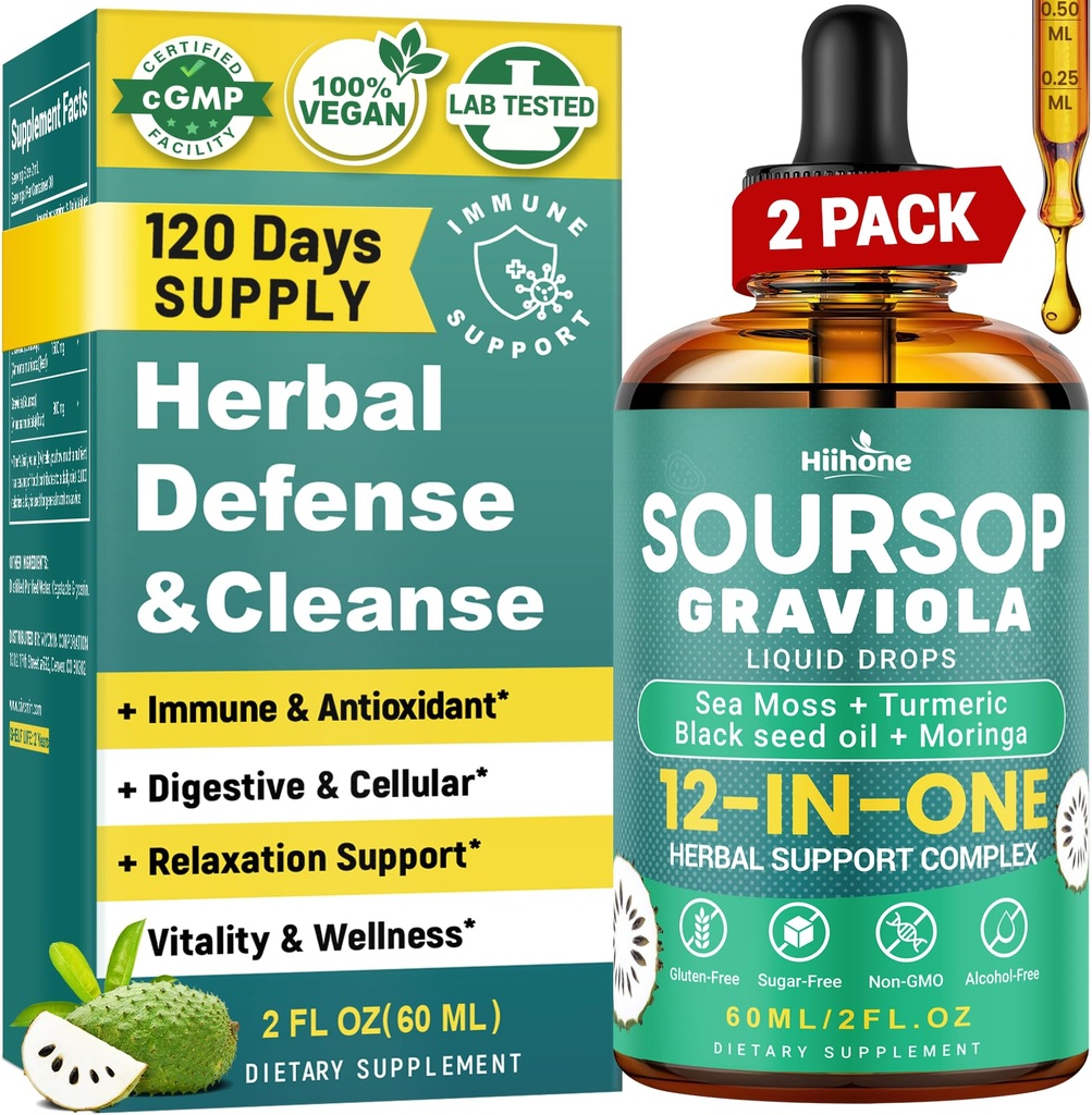 HIIHONE (2 Pack) 12- in-1 Soursop Bitters Liquid Drops med Sea Moss, Black Seed Oil, Moringa for Cell Support & Regeneration, Immunity, Lever, Gut & Antioxidant - 2 Fl Oz