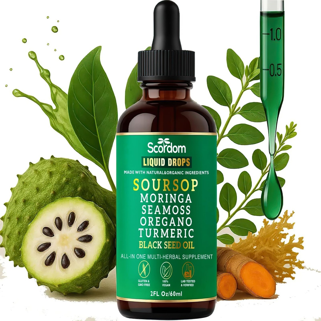 Soursop Bitters Liquid Drops 10- in-1 med Sea Moss, Gurkemeje, Moringa, Black Seed Oil, Oregano, Ashwagandha & Herbal Extracts - Understøtter Samlet Wellness, Vegan, 60ml / 2 Fl Oz