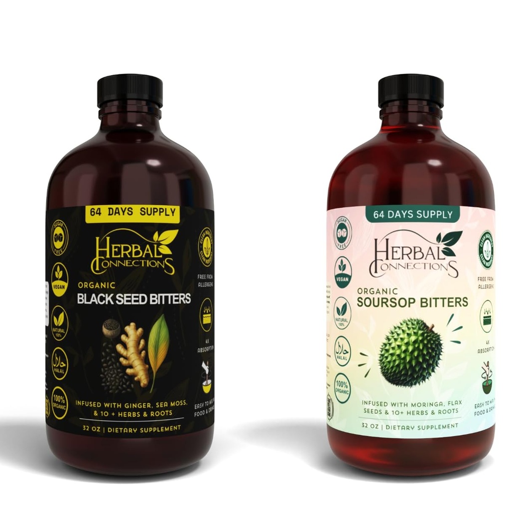 Black Seed & Soursop Bitters Bundle - 2 x 32 oz Flasker - 64 -Day Supply - Vegansk Organic Herbal Tonic til fordøjelse & Samlet Wellness - Ingen sukker, Made in USA.