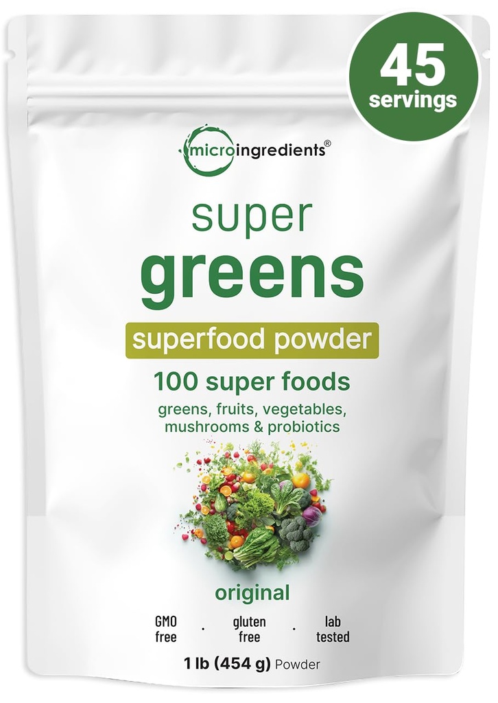 Micro Ingredients Super Green Powder, 1lb Mead124; 100 Superfood Blend med Daily Green, Frugt, Grøntsager, Svampe & Probiotika Mead124; Kilde til Vegan Protein & Enzymes Mead124; Non- GMO, Gluten- Free, Ingen tilsætningsstoffer