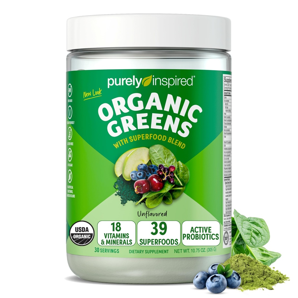 Rent Inspireret Økologisk Grønne Pulver Superfood Smoothie Mix, Unflavored (30 Servere) - Super Grønne med Probiotika, Spirulina & Chlorella til Gut & fordøjelsessygdomme - Vegan