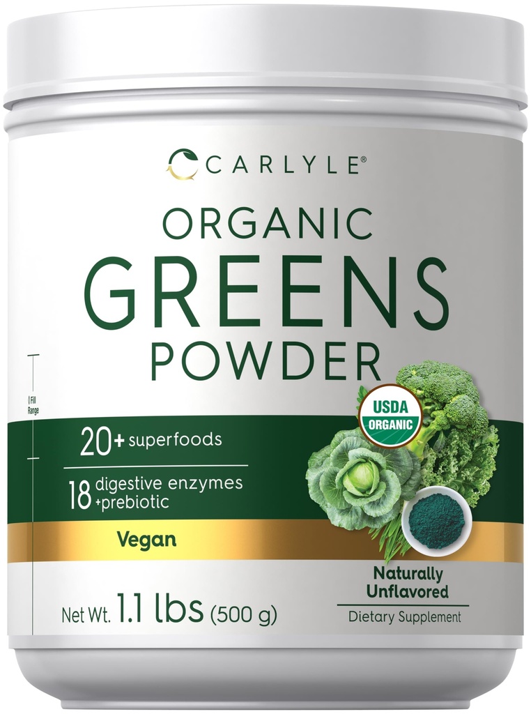Carlyle Organic Green Powder • 124; 17,6 oz Supplement • 124; Relieves Occasional Gas, ubehag & Bloating • 124; med 20 + superfood, 18 fordøjelsesenzymer, og Prebiotics • 124; Vegan, Non- GMO og Gluten Free