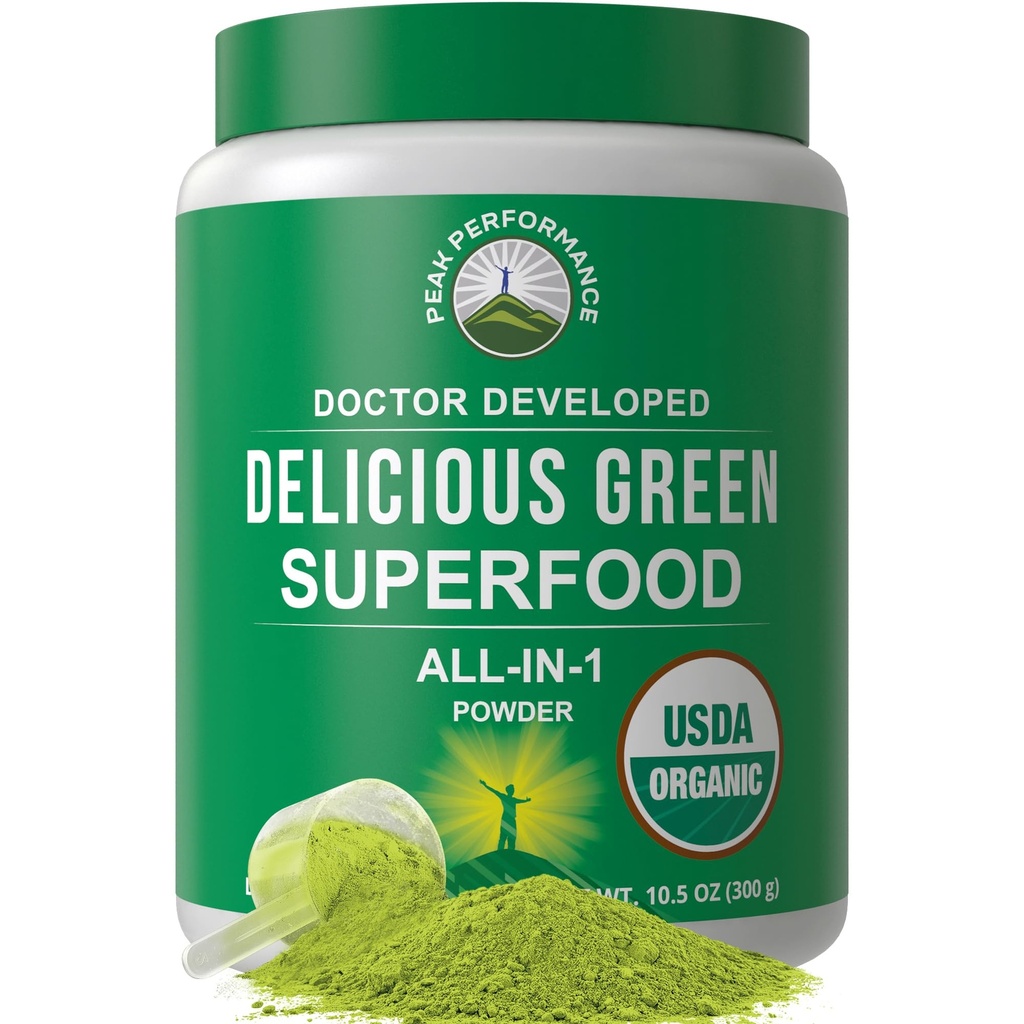 Peak Performance Organic Green Superfood Powder. Bedste Tasting Super Green Powder med 25 + økologiske ingredienser til Max Energy og atletisk ydeevne. Vegansk keto Green Juice Daglig drik