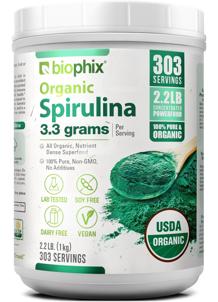 biophix Organic Spirulina Powder, 2.2 Lbs 100% Pure Spirulina Blue Green Algae Powder, Vegan, Non GMO, Non-bestrålet, USDA Certified, Best Protein Superfood