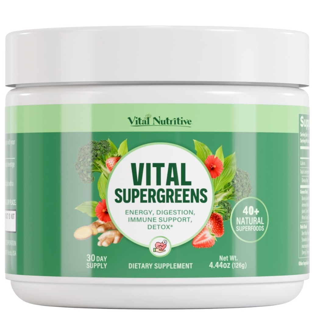 Vital Green Superfood Powder - Ny formel med 40 + Superfood Daily Green Drink Powder w / Probiotika - Supergreens for Energy, Gut Health, fordøjelsesstøtte, Plant- baseret, Vegansk superfood