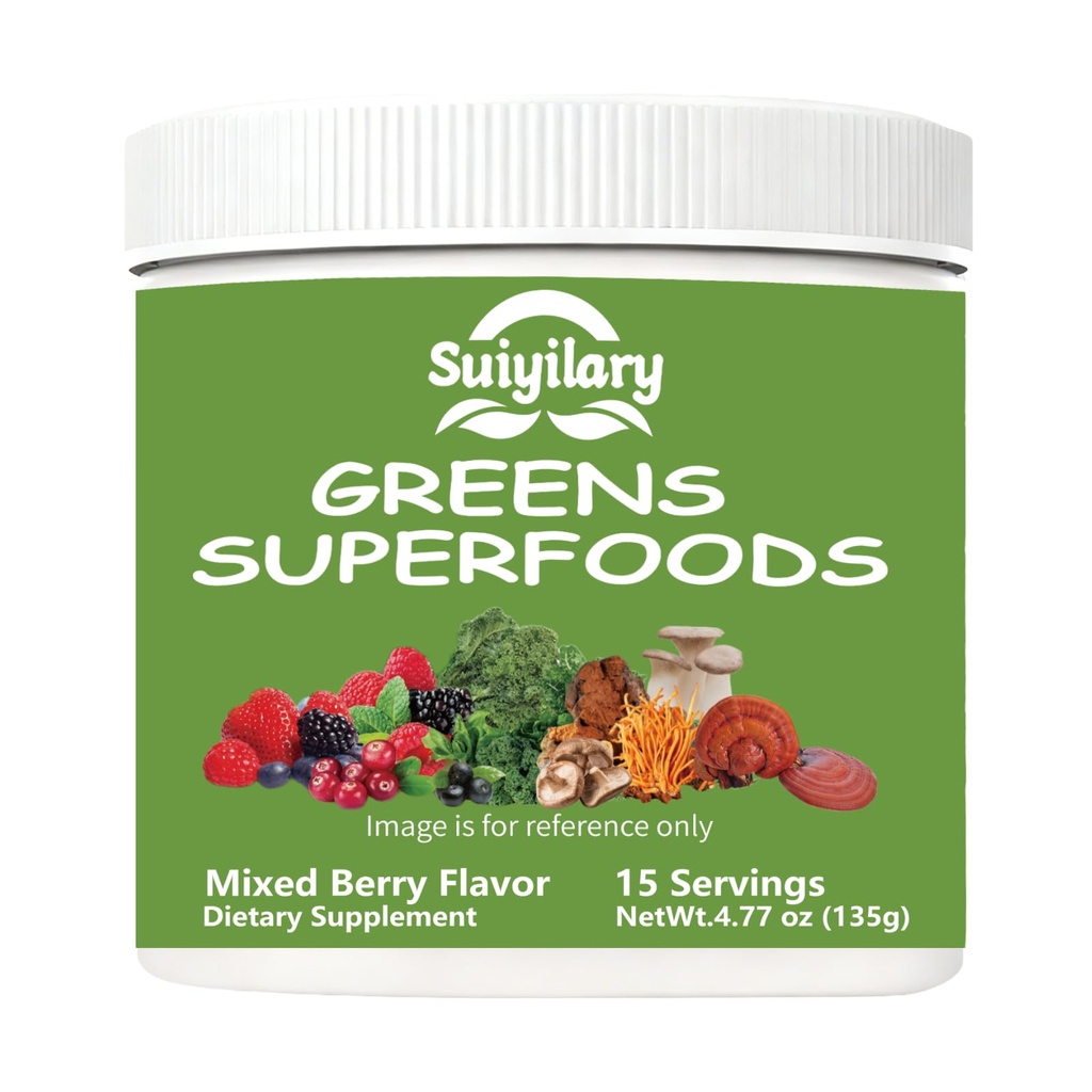 Suiyilary Green Superfoods Powder for fordøjelsessygdomme, Sukker Free Super Green Powder, Spirulina, Chlorella for Bloating & Gut Support, Daglig støtte til kvinder, Mixd Berry (15 Servere)