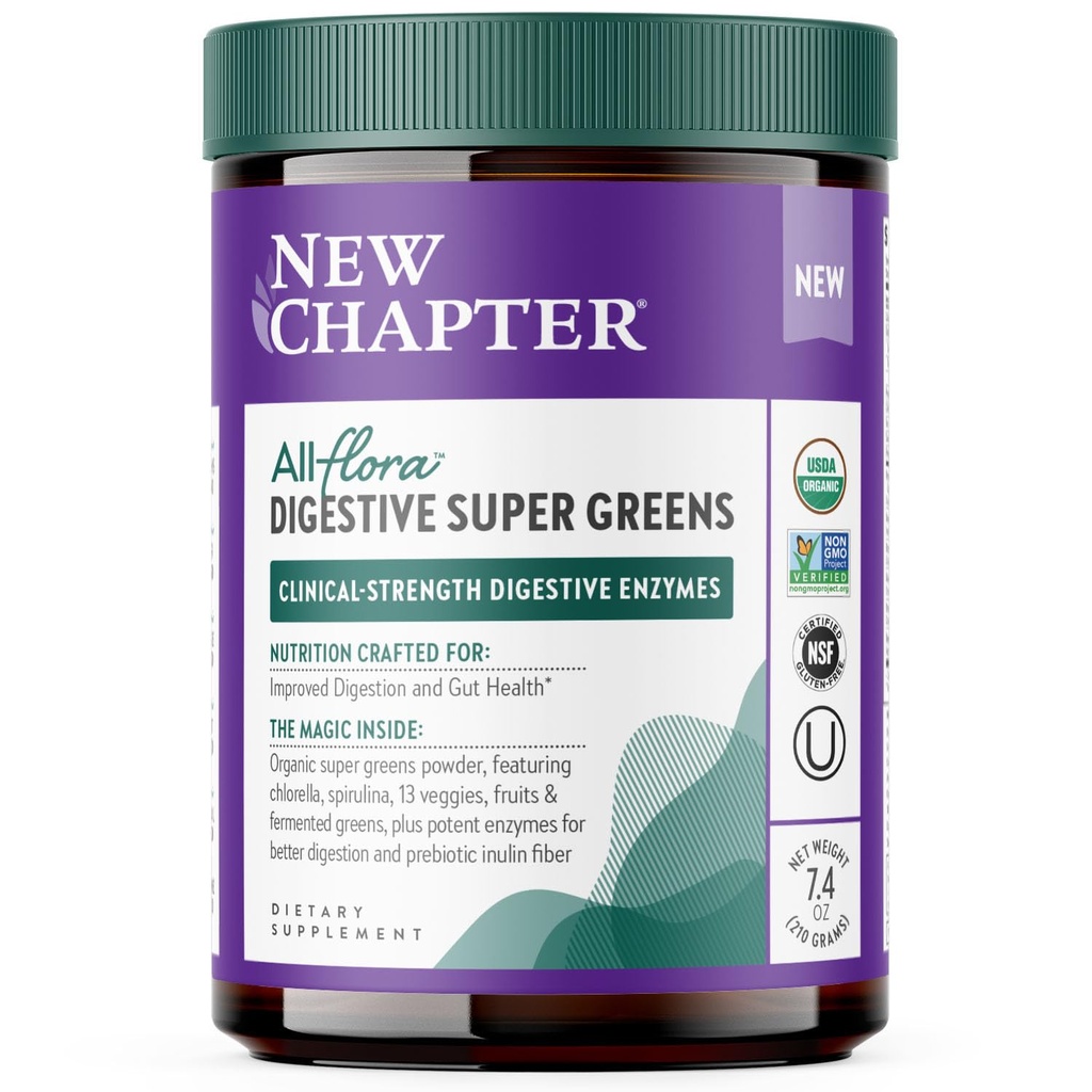Nyt kapitel All- Flora fordøjelsessuper grønne pulver til Gut sundhed - Clinical- Strength fordøjelsesenzymer + USDA Organic Chlorella, Spirulina, Fermented Green - Lækker & 100% Vegan, 30 Servere