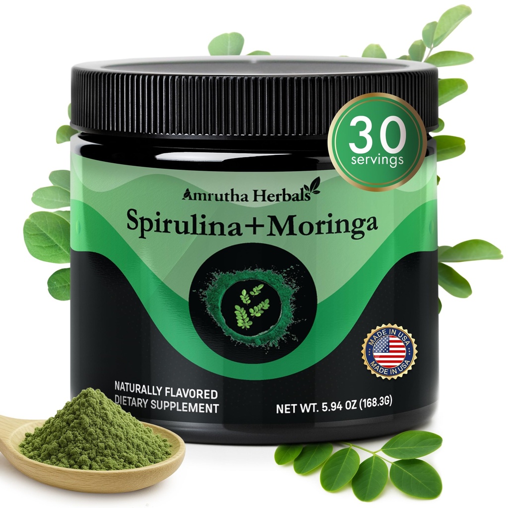 Organic Spirulina + Organic Moringa Green Powder, Gluten- Free, Vegansk Friendly, Detox & Digest, Superfoods 30 Servere Made in USA