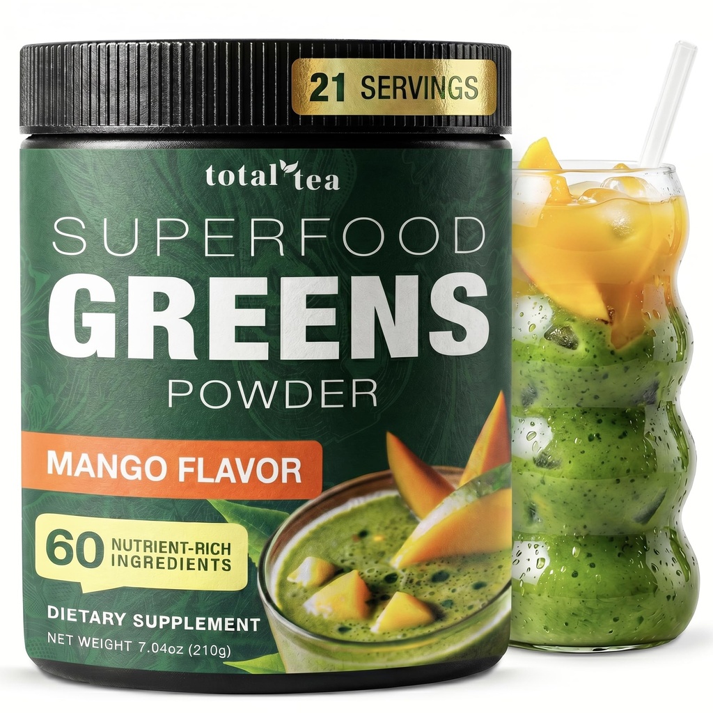 Total Tea Super Green Powder Supplement, Grønne, Frugter, Grøntsager, Vegansk Drik med Spirulina, Chlorella og Vitaminer 25 Servere - Mango