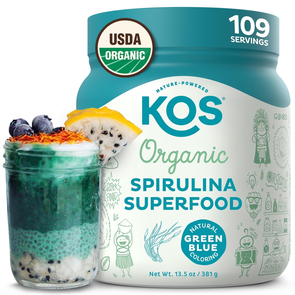 KOS Organic Spirulina Powder - USDA Certified Organic, 109 Servering af Superfood Powder til Smoothies & Juices, Non- Bestrålede blå grønne alger, Plant baseret med antioxidanter, Vegan (13.5oz)