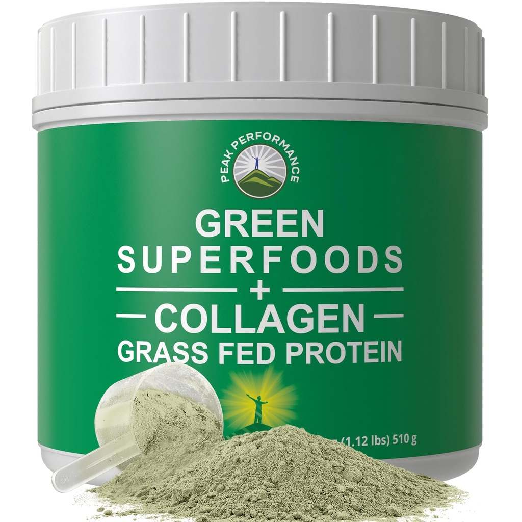 Green Superfood + Grass Fed Collagen Peptider Powder - Ultimate Blend of Best Tasting Green Superfood med Pure Pasture Raised Hydrolysed Protein Powder for Skin Hår + fælles sundhed