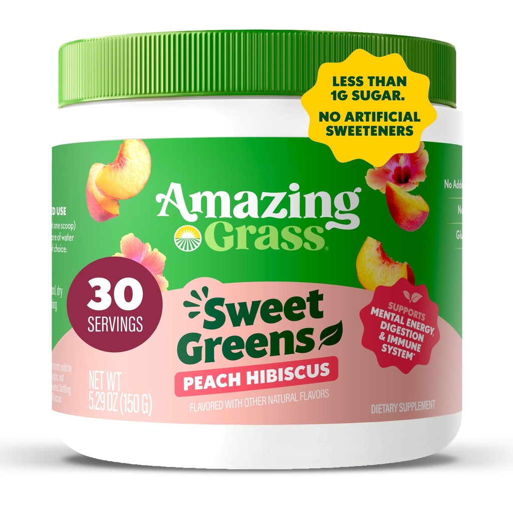 Amazing Grass Sweet Green og Superfoods Powder til fordøjelsessygdomme, Grønne Powder, fordøjelsesenzymer, Probiotika, Spirulina, Chlorella, Peach Hibiscus, 30 Servere