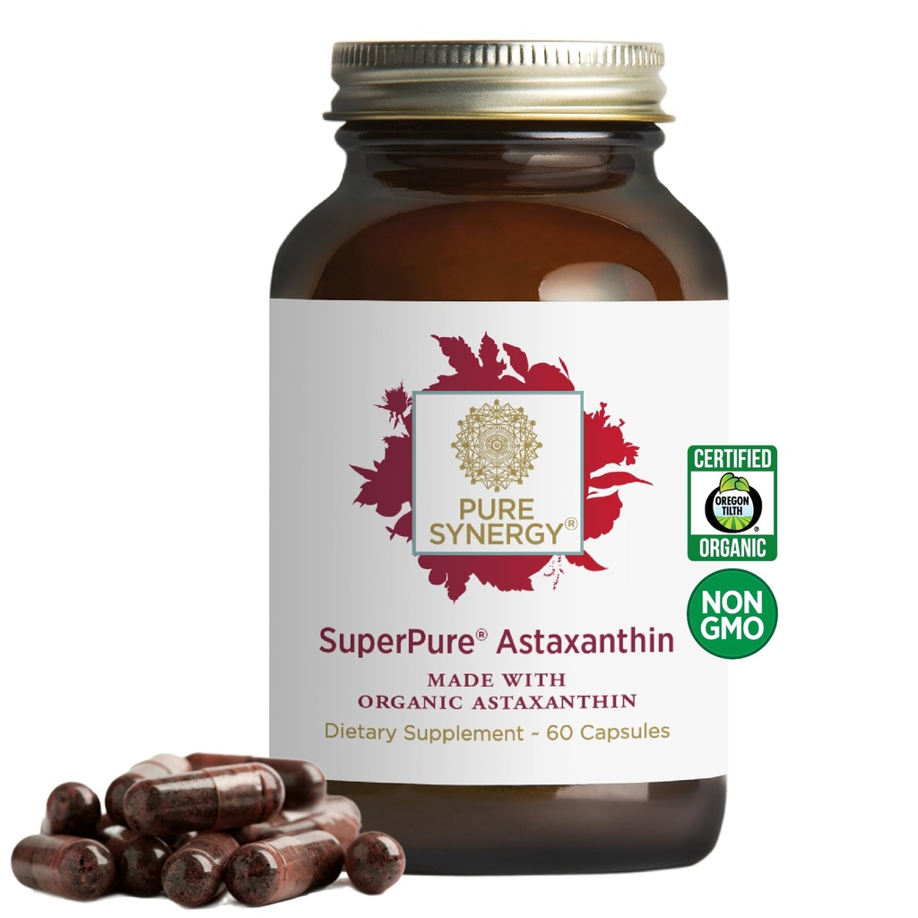 PURE SYNERGY SuperPure Astaxanthin Extract Name 124; Organic Astaxanthin from Algae with Sunflower Lecithin Name 124; Antioxidant Support for hud og øjne (60 kapsler)