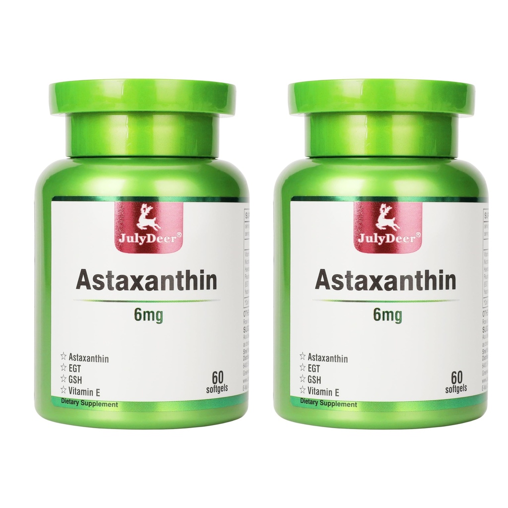 JulyDeer 2 Flasker Astaxanthin 6 mg med Nicotinamid Vitamin E Premium Antioxidant Supplement EGT GSH - for hud, øje, fælles & immunsystem Health Cell Health & Energy