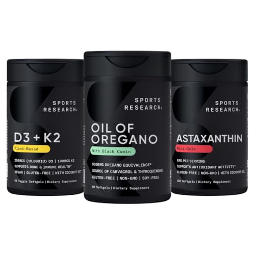 Sports Research ® Antioxidant Support Pack - Oil of Oregano 9500mg + D3- vitamin K2 5000iu + Triple Strength Astaxanthin