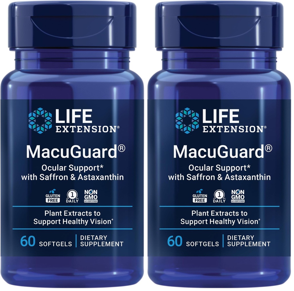 Life Extension MacuGuard Okulær support med Saffron & Astaxanthin - Eye Health Supplement for Sund Vision - med Lutein, zeaxanthin, Meso-zeaxanthin - Gluten- Free, Non- GMO - 60 softgels