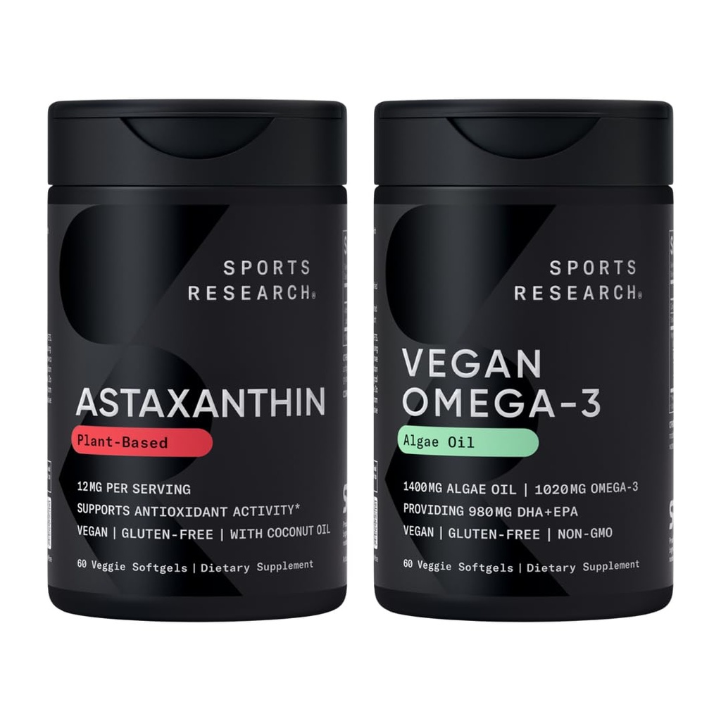 Sports Research ® Vegan Antioxidant Support Pack - Omega-3 Algae Oil and Plant Based Astaxanthin Softgels for Antioxidant Activity, Skin & Eye Health (60 Veggie Softgels Hver)
