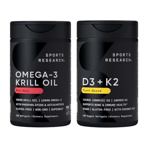 Sports Research ® Multivitamin Pack - Omega-3 Krill Oil 500mg w / Cholin, Phospholipider & Astaxanthin og Vitamin K2 & Vegan D3 5000iu med kokos MCT Oil - non-GMO · Gluten Free