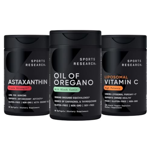Sports Research ® Antioxidant Support Pack - Oil of Oregano 9500mg + Triple Strength Astaxanthin 12mg + Liposomal C-vitamin Supplement 1000 mg