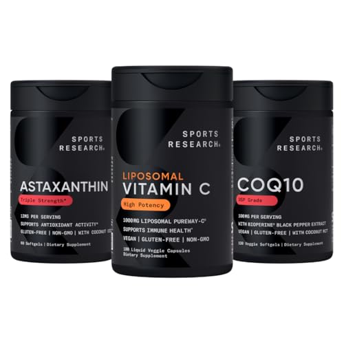 Sports Research ® Antioxidant Support Pack - High Potence Liposomal Vitamin C Supplement 1000mg + Coenzym Q10 100mg + Triple Strength Astaxanthin 12mg w / Organic Coconut Oil