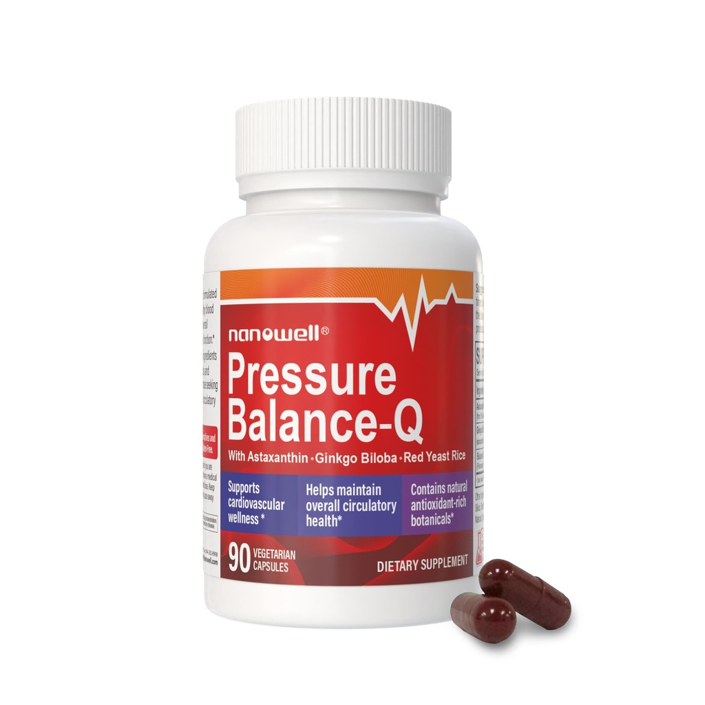 NANOWELL ® Pressure Balance- Q - 124; Antioxidant Formel med naturlig ikke- GMO Astaxanthin 12 mg pr. kapsel, Ginkgo Biloba, Policosanol, Rød Gær Rice, og Rosemary Extract