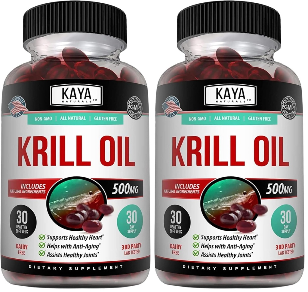 Kaya Naturals - Antarktis Krill Oil 500mg med Omega 3, EPA, DHA, Phospholipider & Astaxanthin Supplement - Brain & Health Vitamin - Anti Aging Supplement - 30 Count Softgels (Pack of 2)