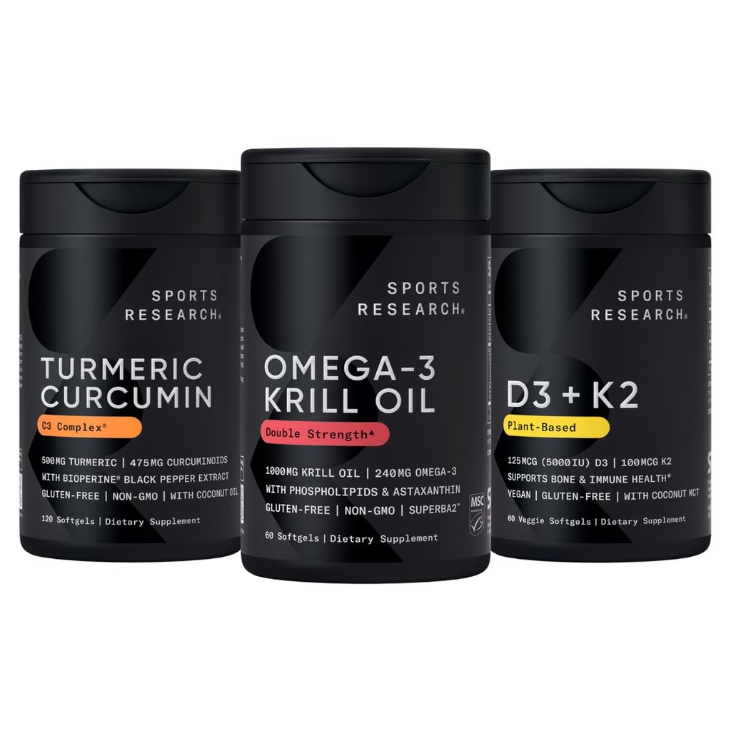 Sports Research Antarktiske Krill Oil Omega 3 1000mg (med fosfolipider, Cholin & Astaxanthin), Gurkemeje C3 Complex (med Bioperine Black Pepper & Coconut Oil) & Plant Based Vitamin D3 + K2