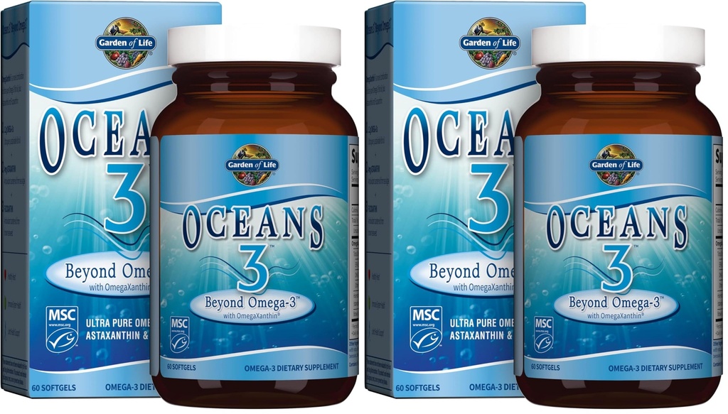 Livets have Oceans 3 Beyond Omega-3 with OmegaXanthin, EPA, DHA Supplements, Fish Oil with 1200 mg Omega 3, Astaxanthin & Brown Seaweed Extract - 60 Softgels, (Pack of 2)