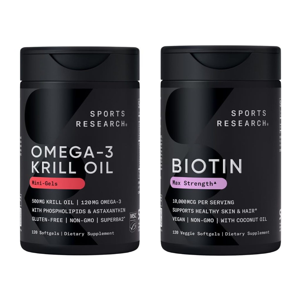 Sport Research ® Glow and Flow Pack - Omega-3 Krill Oil 500mg - Pure Antarctic Superba Krill med fosfolipider, Cholin & Astaxanthin & Biotin 10,000mcg med økologisk kokosolie (vitamin B7)