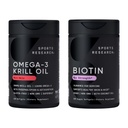 Sport Research ® Glow and Flow Pack - Omega-3 Krill Oil 500mg - Pure Antarctic Superba Krill med fosfolipider, Cholin & Astaxanthin & Biotin 10,000mcg med økologisk kokosolie (vitamin B7)