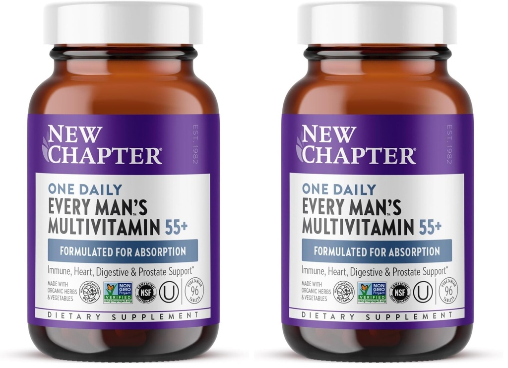 Nyt kapitel Mænds Multivitamin 55 +, Extra B6 & B12, D3, Astaxanthin, C-vitamin & zink, immunforsvar, hjerte, cellulær energi, og hjerne sundhed, genert på Maven, 1 daglig, non-GMO, 96 tabletter (pakke med 2)
