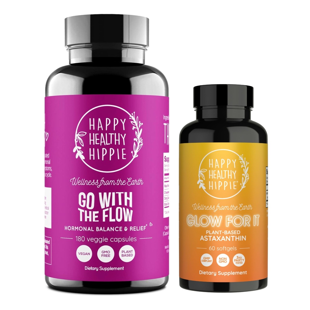 Happy Sund Hippie Glow for It Astaxanthin Supplement & Gå med Flow Hormone Balance for Kvinder 180ct