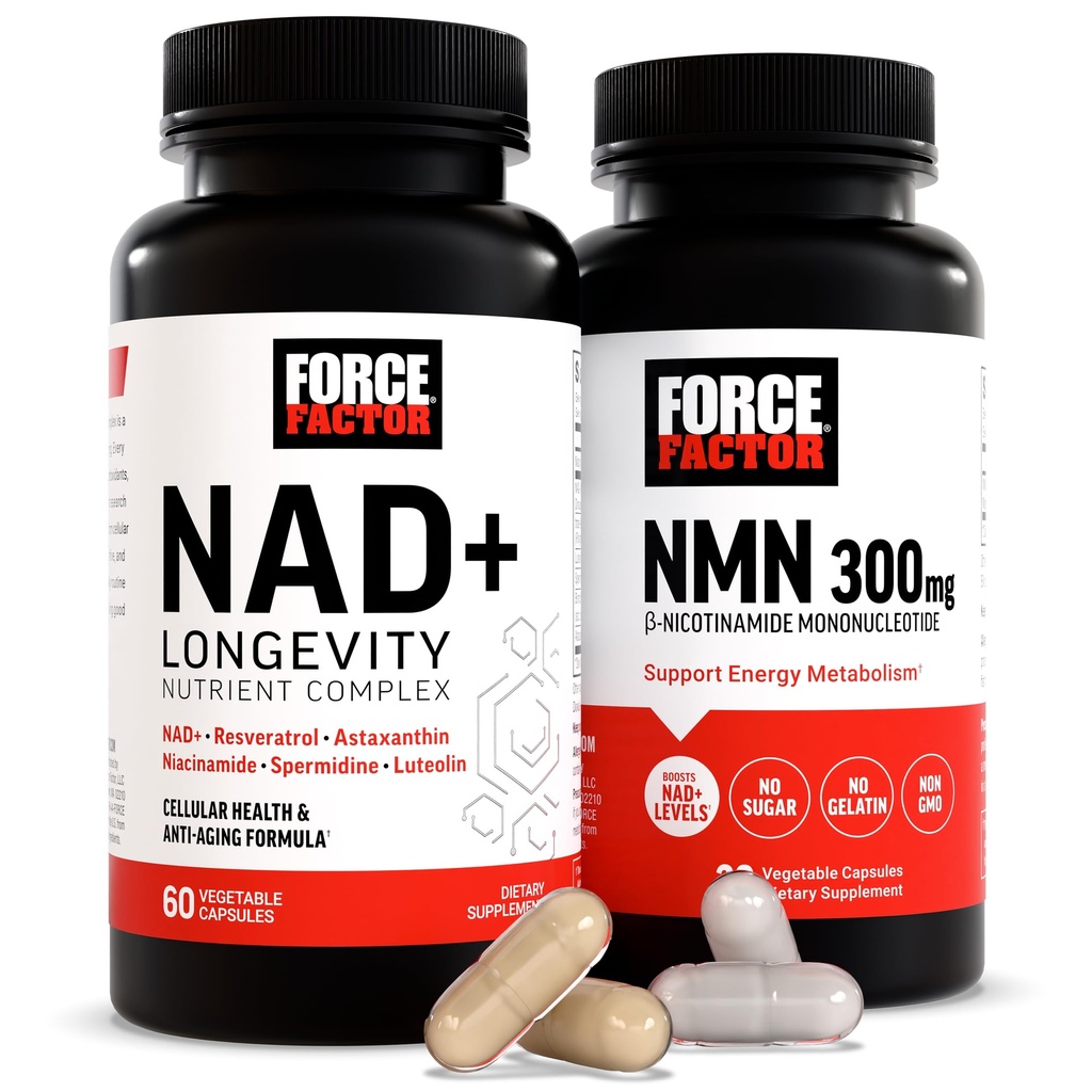 Kraftfaktor NMN Supplement, NAD + (NMN eller Nicotinamid Riboside Alternative) med Resveratrol, Astaxanthin, Spermidin & Luteolin Complex, NAD til støtte Cellular Health & Sund Aging, 60 kapsler