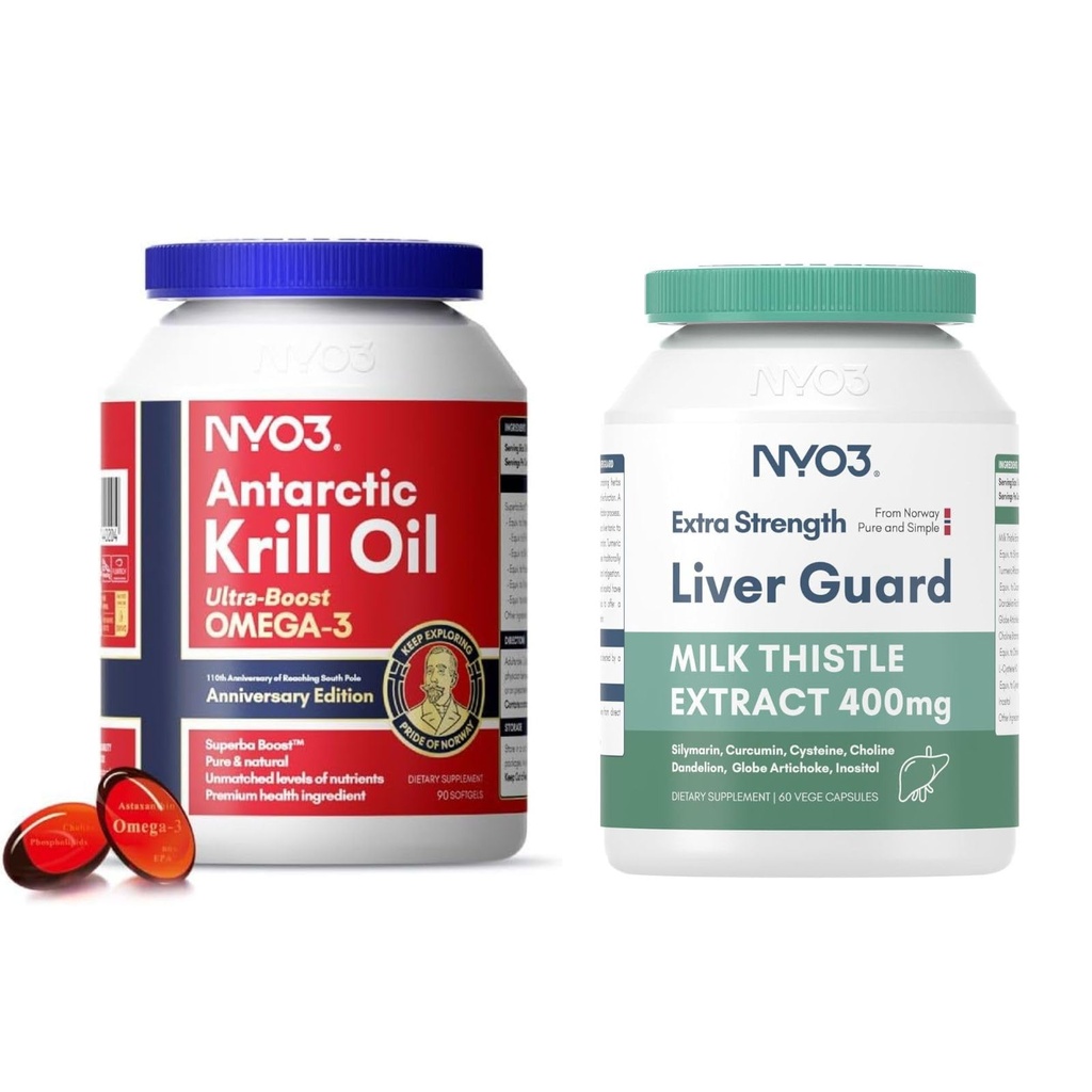 Krill Oil Omega 3 Supplement 1000mg og Mælk Thistle Lever Detox Supplement 400mg, 2 Pack