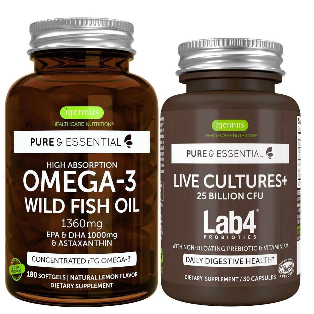 Pure & Essential High Absorption Omega-3 Wild Fish Oil 1360mg + Live Cultures + Lab4 Probiotika Bundle, 1000mg EPA & DHA med Astaxanthin + 25 Millioner CFU Lactobacillus Acidophilus & Bifidobacterium wi