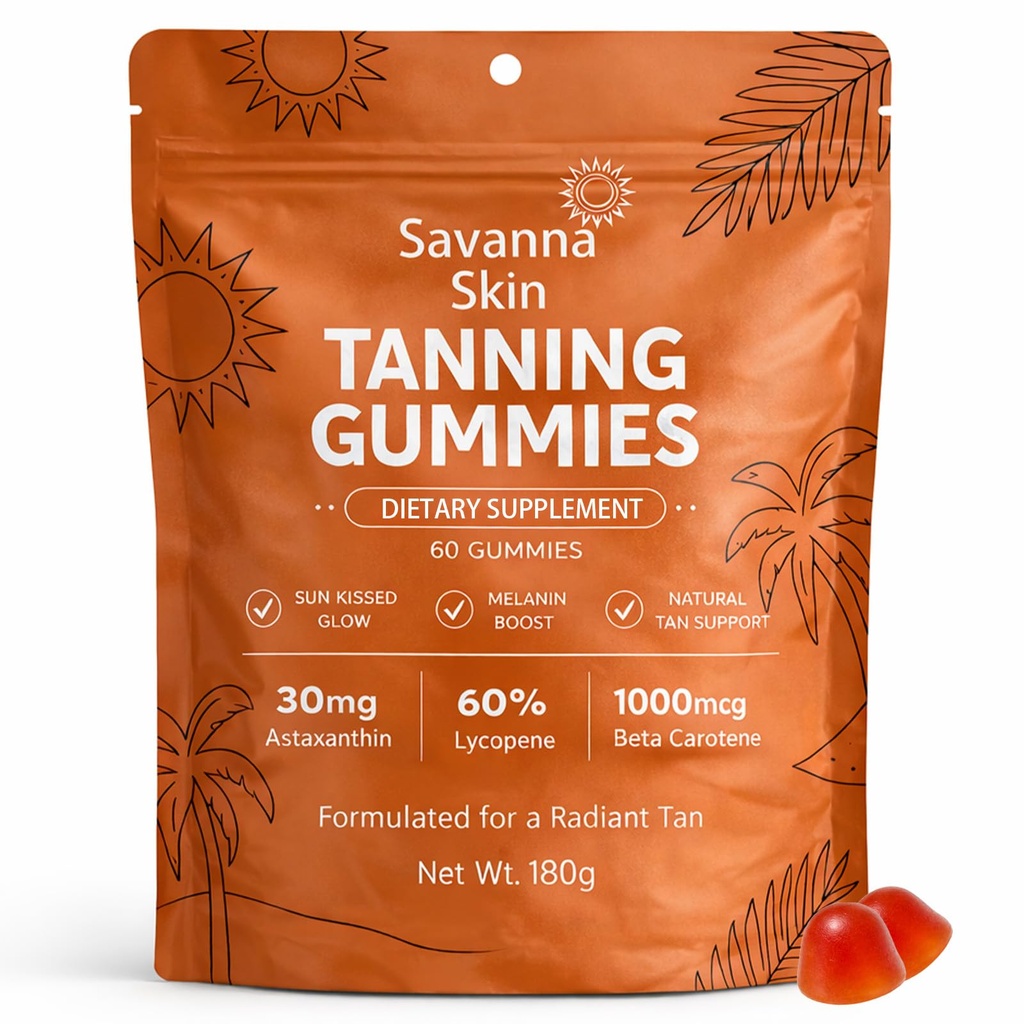 Savanna Skin Tanning Gummies, med vitamin C & E, Astaxanthin, Beta Caroten, Skin Radiance & Hydration for Natural Looking Glow, Bronzing, Non- GMO, Vegan & Sugar Free - 60 Greve (1)