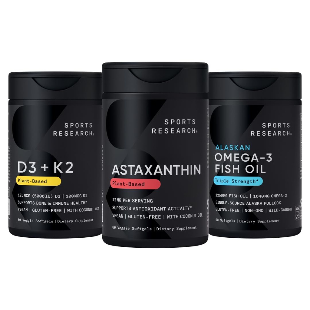 Sports Research ® Antioxidant Support Pack w / Triple Strength Vegan Astaxanthin Supplement fra Alger, Omega-3 Fish Oil 1250mg, og Vitamin D3 5000iu & Mk7 Vitamin K2 med kokos MCT Olie