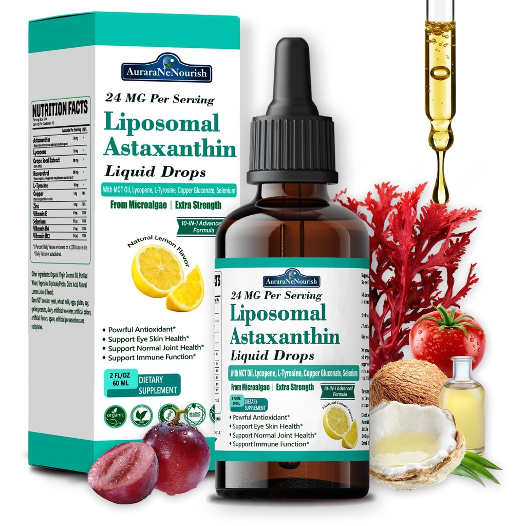 Liposomal Astaxanthin 24mg Flydende dråber, 11 - in-1 Antioxidant med MCT olie, Lycopen & Organic Coconut Oil, Friske mikroalger Kilde, Understøtter Eye Skin fælles sundhed for kvinder & mænd, Lemon flavors