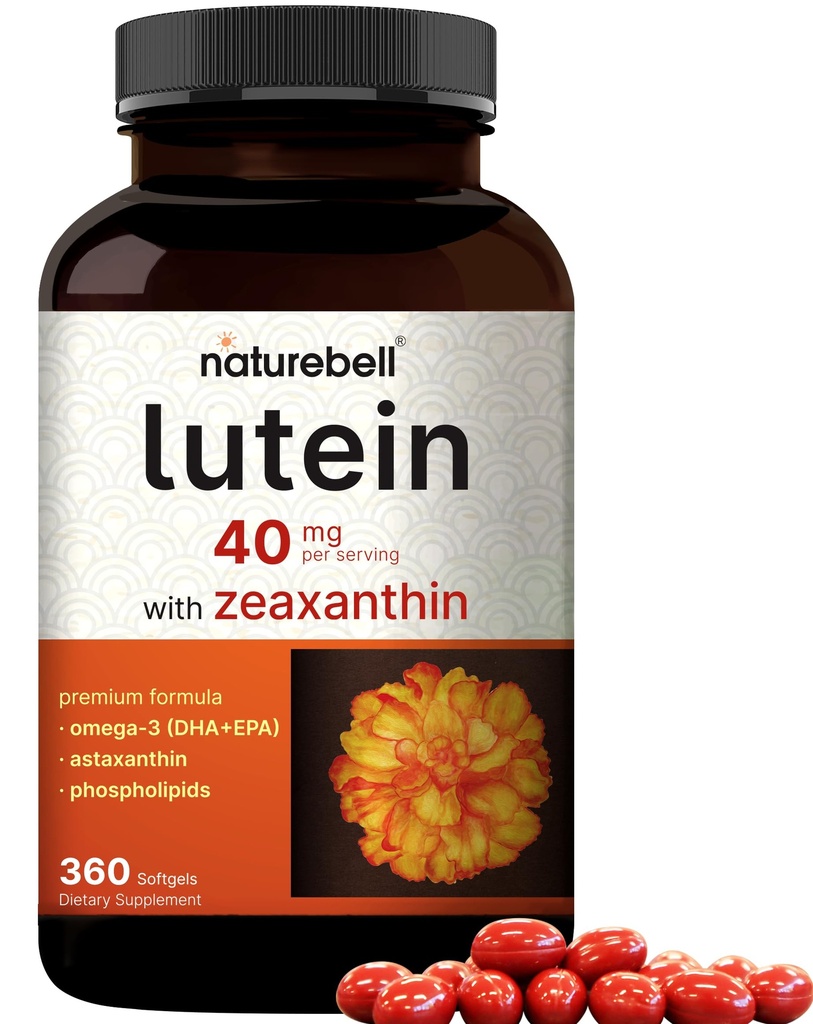 Lutein 40mg + Zeaxanthin 1,600mcg, 360 Softgels ekskl. 124; 4-in-1 Formel med Astaxanthin, Omega-3 & Phospholipids ekskl. 124; Marigold Flower Extract; Understøtter øje, hjerne og Vision Health