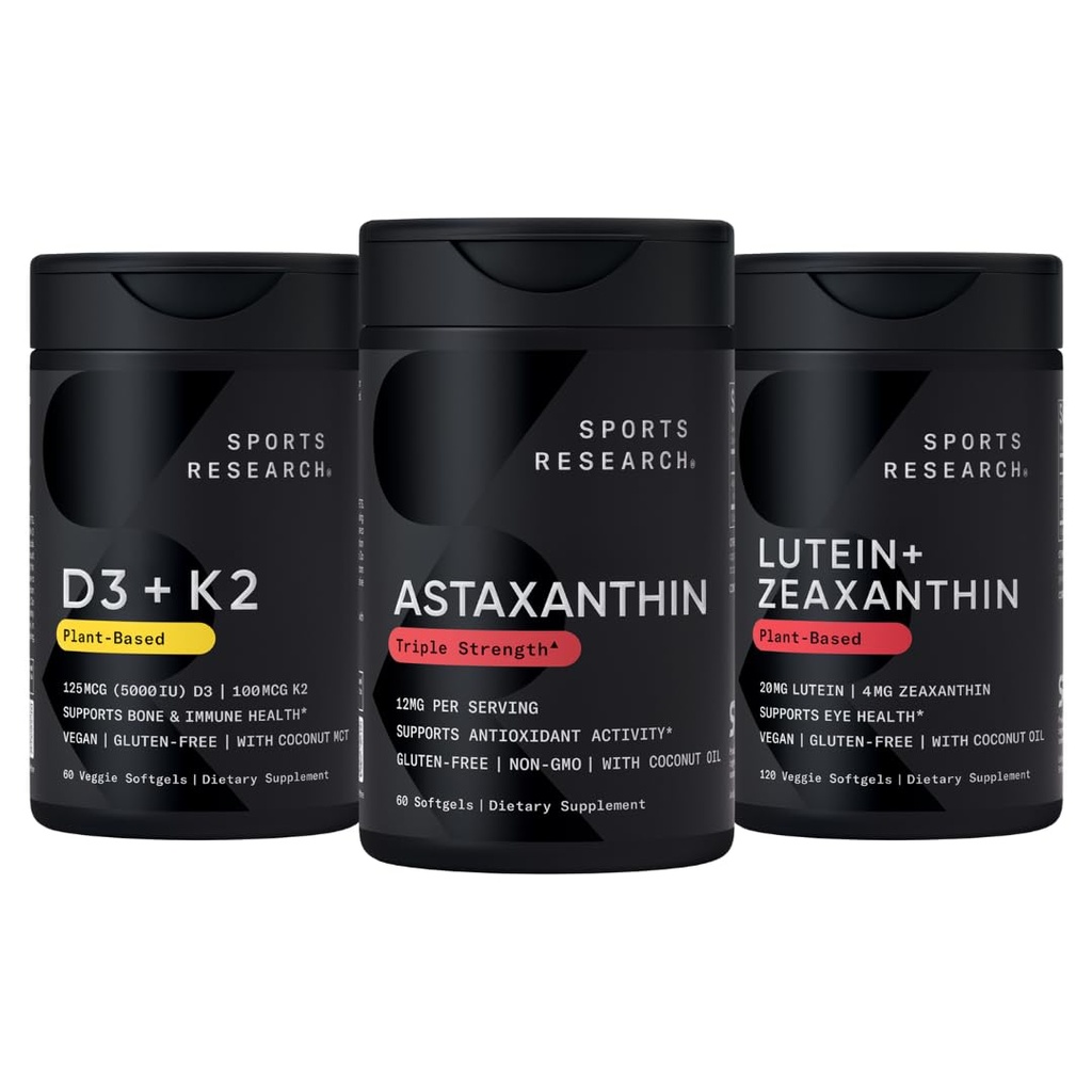 Sports Research ® Antioxidant Support Pack w / Astaxanthin 12mg, Vitamin D3 5000iu + K2 100mcg, og Lutein 20mg + Zeaxanthin 4mg Kosttilskud - Vegan Certified · Non- GMO · Gluten & Soy Free