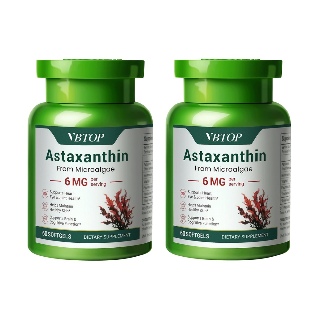 2 flasker Astaxanthin 6 mg, Premium Astaxanthin tillæg med antioxidant aktivitet, understøtter øje, hud, fælles, og immunsystemet sundhed. Friske mikroalger Kilde, ikke-GMO, glutenfri - 120 bløddele