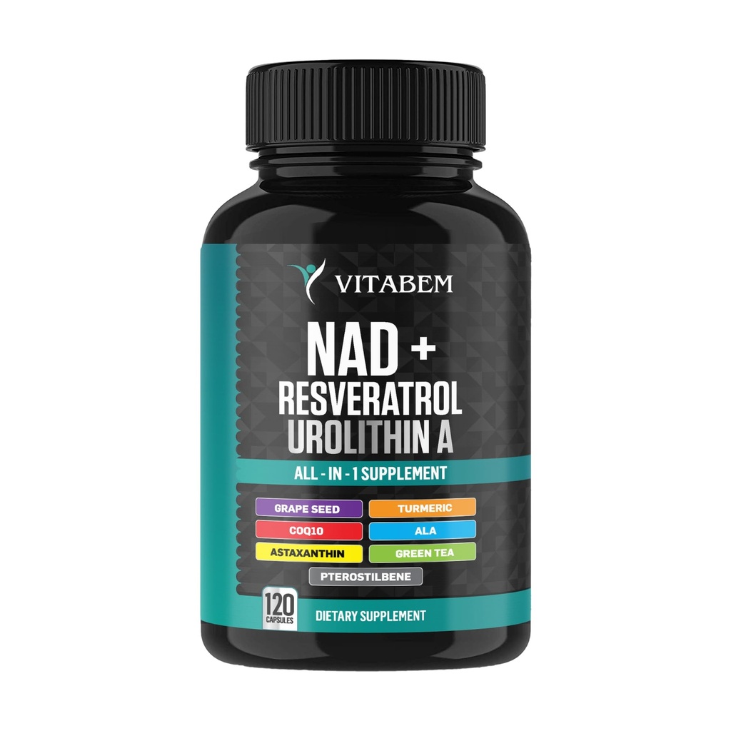 NAD + Supplement Complex - NAD Supplement + 300 mg med Astaxanthin, Urolithin A, Resveratrol, CoQ10 & Antioxidant Blend - Cellulær Energy, Mitokondriel Support - 120 Count (pakke med 1)